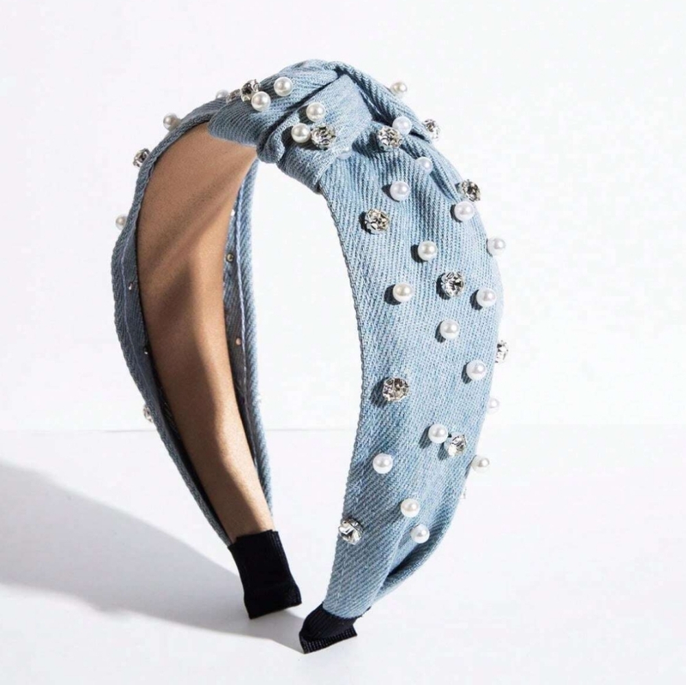 NWOT Elegant Blue Denim Pearl-Embellished Top Knot Headband